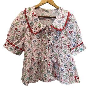 ENTRO Women's Peplum Collared Button Up Blouse Floral Front Bows Colorful Large